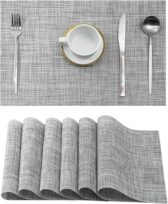 Leetaltree Linen Grey Placemats Set of 6 - Heat Resistant Non-Slip Place mats for Dining Table, Washable Durable PVC Vinyl Woven Table Mats（Linen Grey, 6）
