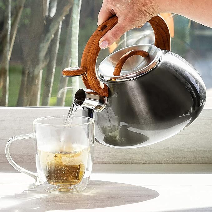 Primula Avalon Whistling Stovetop Tea Kettle, Food Grade Stainless Steel Wide Mouth, Fast to Boil, Cool Touch Handle, 2.5-Quart, Gunmetal Grey and Wood-Look