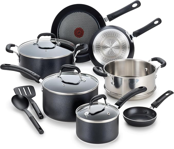 T-fal Experience Nonstick Cookware Set 12 Piece, Induction, Oven Broiler Safe 350F, Kitchen Cooking Set w/Fry Pans, Saucepan, Stockpot, Kitchen Utensils, Pots and Pans, Dishwasher Safe, Black