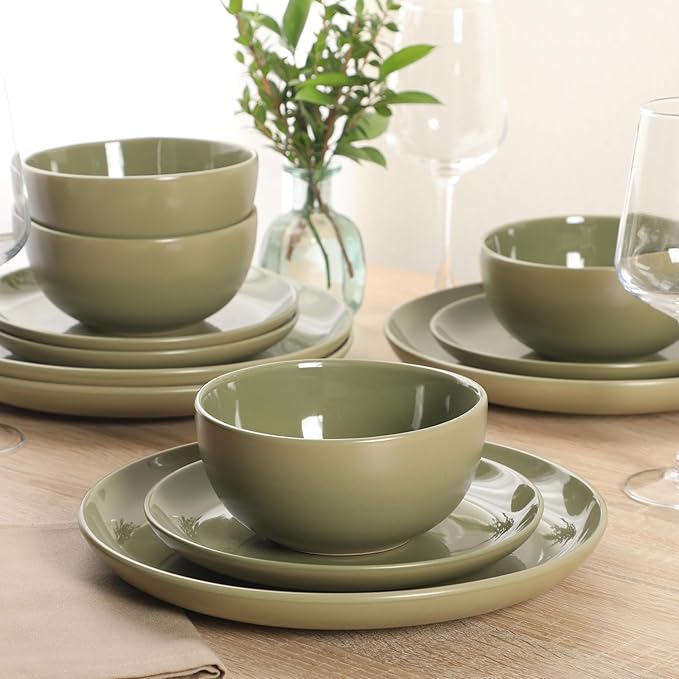 Gibson Home Rockaway 12 Piece Plates and Bowls Matte Outside/Shiny Inside Glaze Service for 4 Dinnerware Set - Green - Dishwasher and Microwave Safe