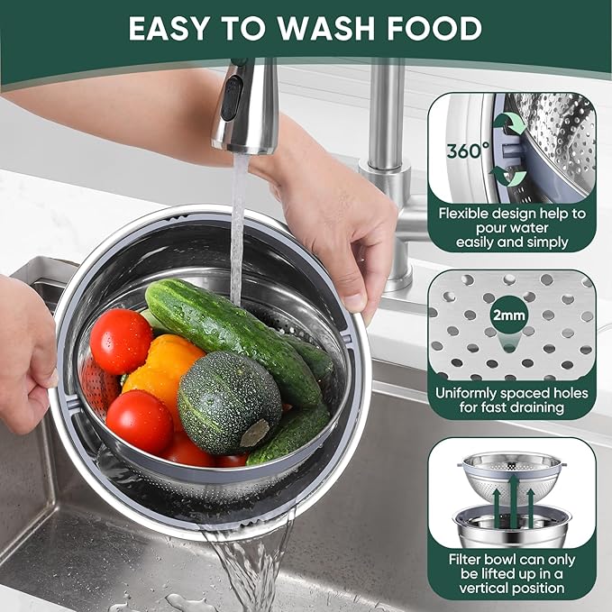 P&P CHEF Mixing Bowls with Lids Set of 3, Stainless Steel Mixing Bowl and Colander for Kitchen, 3 Grater Attachments & Non-Slip Bottoms, Visible & Airtight Lid, Black