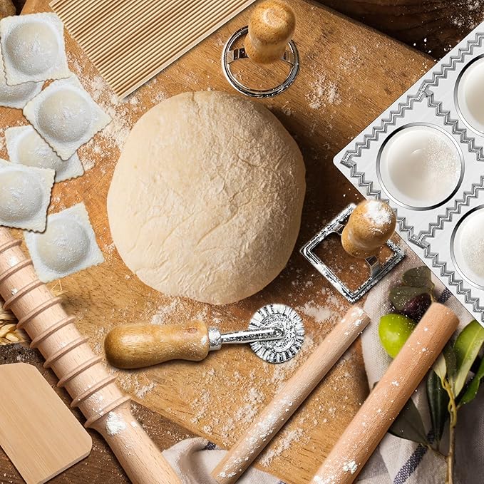 12 Piece Ravioli Mold Set with Press, Scraper, Cutter, Pierogi Maker, Rolling Pin, Gnocchi Board, Wooden Roller, and 4 Ravioli Stamp Maker Cutters for Making Pasta, Dumplings, and Pierogi