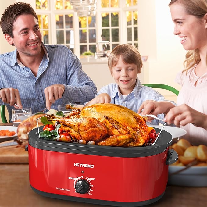 26QT Electric Roaster Oven, Electric Turkey Roaster with Viewing & Self-basting Lid, Stainless Steel Turkey Roaster Oven, RED