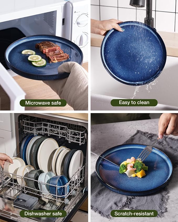 Famiware Star 12-Piece Stoneware Dinnerware Sets for 4, Reactive Glaze Plates and Bowls, Modern Rustic Dishes for Everyday & Formal Use, Chip/Scratch Resistant, Microwave/Dishwasher Safe, Nebulas Blue
