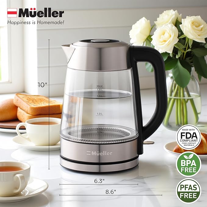 Mueller Rapid Boil Electric Tea Kettle 1.8L – Borosilicate Glass & Stainless Steel – BPA-Free Hot Water Boiler, LED Light, Auto Shut-Off, Boil Dry Protection Fast Water Heater – Kitchen Appliances