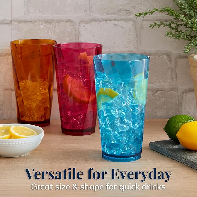 US Acrylic Optix Plastic Reusable Drinking Glasses (Set of 8) 20oz Water Cups in Jewel Tone Colors | BPA-Free Tumblers, Made in USA | Top-Rack Dishwasher Safe