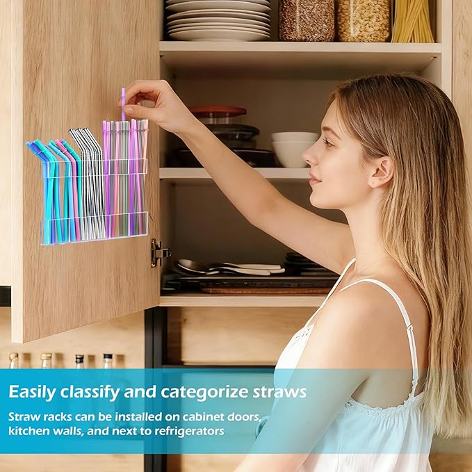 9.5" Large Acrylic Straw Holder for Cabinet Door – Kitchen Cabinets Straws Organizer, Reusable Tumbler, Small Kitchens Accessories Storage Container (Transparent)