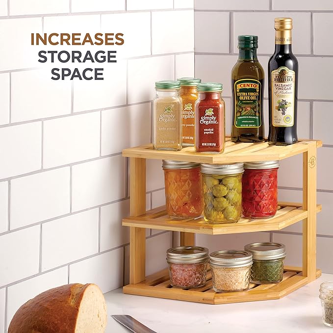 2-Pack Plate Organizer for Cabinet - Bamboo Corner Shelf for Kitchen or Bathroom Storage, Space-Saving Rack for Dishes, Countertop, Cabinet, Pantry - Organization & Housewarming Gift