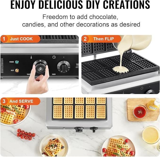 VEVOR Commercial Waffle Maker, 10PCS Rectangle Waffle Baker Machine, 1550W Non-Stick Stainless Steel Belgian Waffle Iron with Temp and Time Control, Handle, for Restaurant Bakery Snack Bar Family