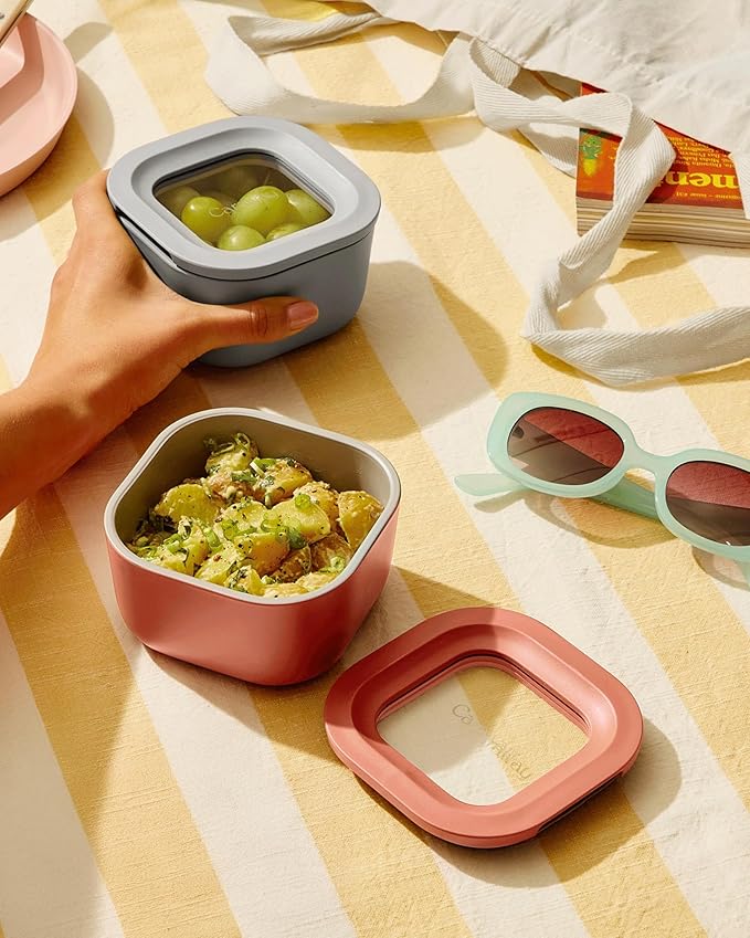 Caraway Mini Square Food Storage Container - 1.75 Cup Glass Storage Container for Food - Non-Toxic Ceramic-Coated Glass - Air Release Technology - Compact & Stackable Design - Gray