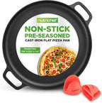 NutriChef 13-Inch Flat Cast Iron Pizza Pan - Versatile Pre-Seasoned Round Cooking Griddle w/ Built-In Handles for Oven, Grill, Stove, and Campfires