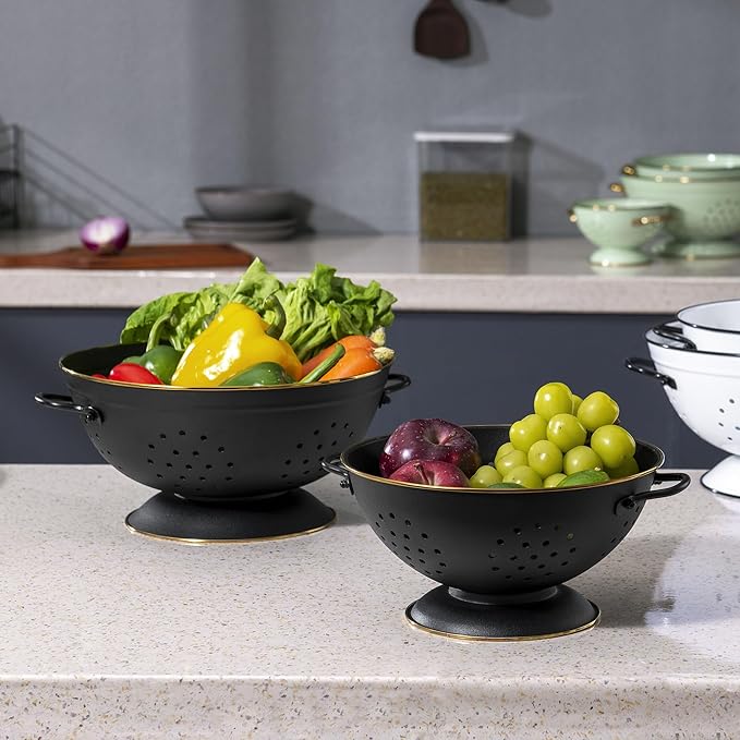 Metal Colander Set of 2, Strainer Basket with Handles perfect for Spaghetti, Pasta, Berry, Vegetable, Fruit, Solid Base Powder Coated Self-draining Kitchen Colander Bowel, 3.5 & 5 Qt, Matte Black