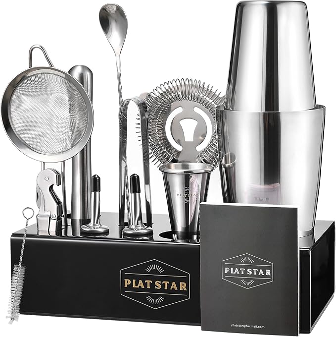 Mixology Bartender Kit with Stand, Home Bar Set Cocktail Shakers Bartending Kit, Bar Tools Boston Shaker Set, Professional Drink Mixing Martini Making Barware with Recipe Book