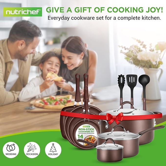 NutriChef 14-Piece Nonstick Brown Cookware Set - Scratch-Resistant Kitchen Pots and Pans with Lids & Utensils, For All Cooktops - NCCW14SBR