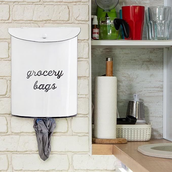 AuldHome Design Rustic Grocery Bag Holder; Wall-Mounted Vintage Enamelware Farmhouse Style Plastic Bag Dispenser for Kitchen or Laundry Room