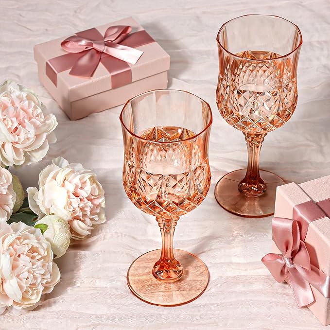 XUWAIDSGN 7oz Plastic Vintage Wine Glasses Drinking Glasses Unbreakable Wedding Glassware Crystal Water Goblets Reusable Drinkware Vintage Champagne Flutes (48, Pink)