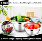 E-far Mixing Bowls with Lids, 6-Piece Stainless Steel Salad Bowls Metal Nesting Bowls for Baking Cooking and Prepping, Airtight Lids & Stackable Design, Size 4.5, 3, 1.5 QT (Black)
