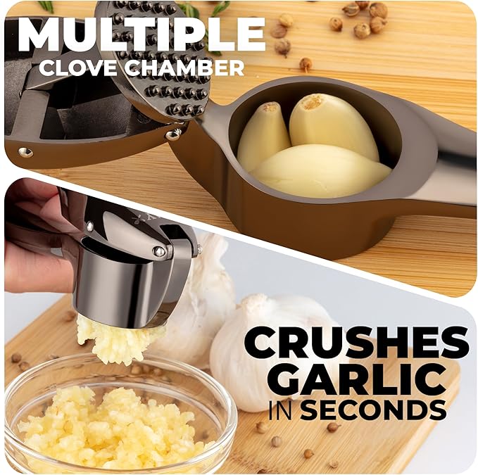 Zulay Kitchen Premium Garlic Press Set – Rust Proof & Dishwasher Safe Garlic Mincer Tool with Silicone Garlic Peeler & Brush, Easy Squeeze & Clean, Ergonomic Soft Grip Handle - Medium – Dark Gray