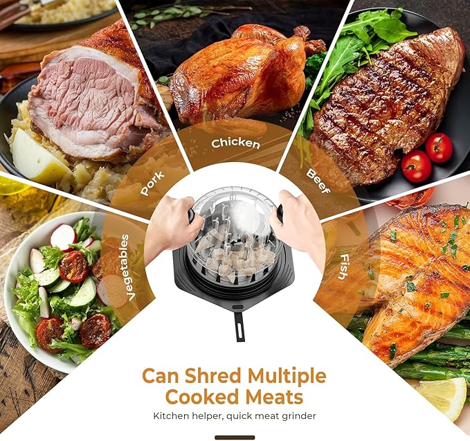 Cleangor Chicken Shredder Tool Twist Large, BPA Free Meat Shredder with Ergonomic Handle, Non-Slip Food Shredder Tool for Pork, Beef, Set of Chicken Breast Shredder with Brush & Fork (1, Yellow)
