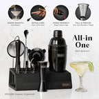 BARE BARREL® Mixology Bartender Kit Bar Set | 14-Piece Cocktail Shaker Set | Martini Barware Mixing Tools for Home Bartending | Incl. 35 Recipe Cards | Gift Set (24oz Cobbler Shaker, Jet Black/Black)