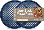 Bakken Pizza Baking Pan - Round Perforated Carbon Steel Pan with Non-Stick Marble Coating, Oversized Silicone Handle, Dishwasher Safe, High-Temperature Resistant, Durable & Easy Cleanup - Blue, 2 Pack