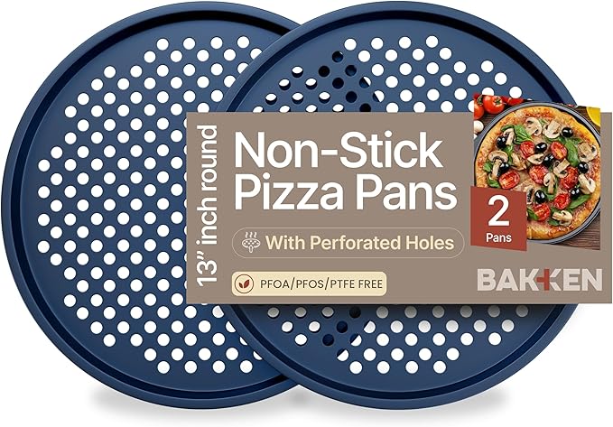 Bakken Pizza Baking Pan - Round Perforated Carbon Steel Pan with Non-Stick Marble Coating, Oversized Silicone Handle, Dishwasher Safe, High-Temperature Resistant, Durable & Easy Cleanup - Blue, 2 Pack