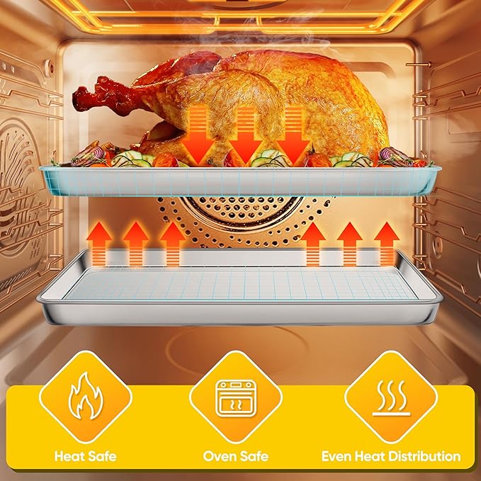 Homikit 2 Pack Baking Sheet, 16x12 Inches Stainless Steel Cookie Sheets for Baking, Large Toaster Oven Tray for Roasting Cooking, Metal Jelly Roll Pan Non Stick &Rustproof, Dishwasher Safe