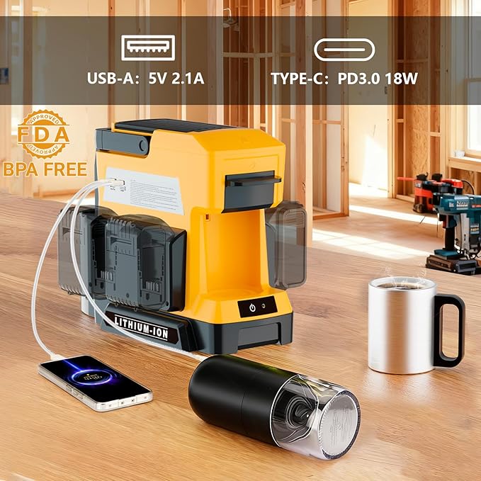 Cordless Coffee Maker for Dewalt 20V MAX Battery, 3 Brewing Options Drip Coffee Maker with Coffee Grinder, Portable Single Serve Coffee Makers for Camping, Travel, and Jobsite. (Tool Only)