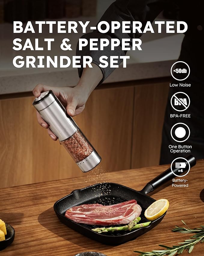 FORLIM Electric Salt and Pepper Grinder Set, Upgraded Washable, Batteries Powered Automatic One-Handed Operation with LED, Adjustable Coarseness Pepper and Salt Grinder Refillable, Stainless Steel