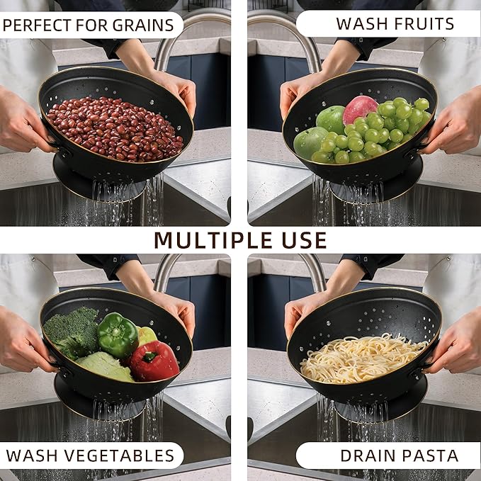 Metal Colander Set of 2, Strainer Basket with Handles perfect for Spaghetti, Pasta, Berry, Vegetable, Fruit, Solid Base Powder Coated Self-draining Kitchen Colander Bowel, 3.5 & 5 Qt, Matte Black