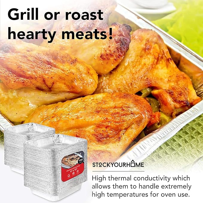 Stock Your Home Aluminum Pans 9x13 Disposable Foil Baking Pans (Pack Of 100) - Half Size Steam Table Deep Pans - Tin Foil Pans Great for Cooking, Heating, Storing, Prepping Food
