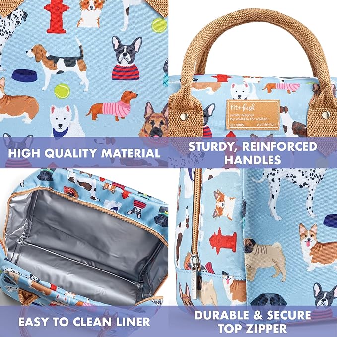 Fit & Fresh Insulated Lunch Bag for Women - Large Leakproof & Stain-Resistant Box With Containers, Zipper Closure - Bloomington, Dogs Theme