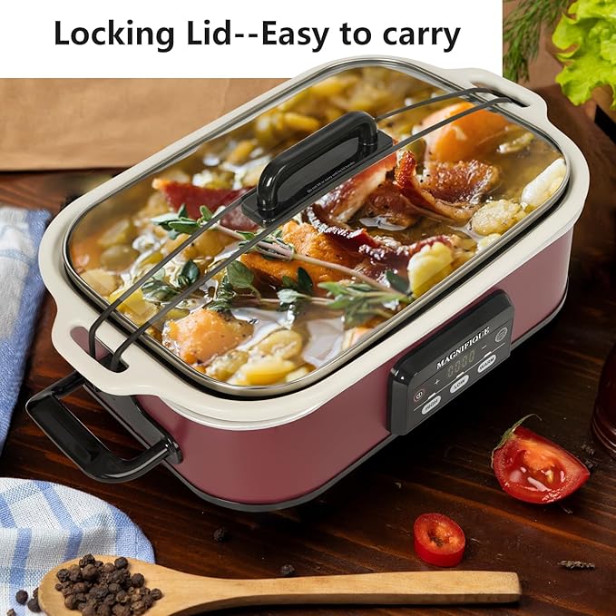 MAGNIFIQUE Small 4 Quart Casserole Programmable Slow Cooker with Ceramic Baking Dish - Perfect Kitchen Small Appliance for Family Dinners, Oven Safe and Durable Bakeware for Lasagna, Roasts (Red)