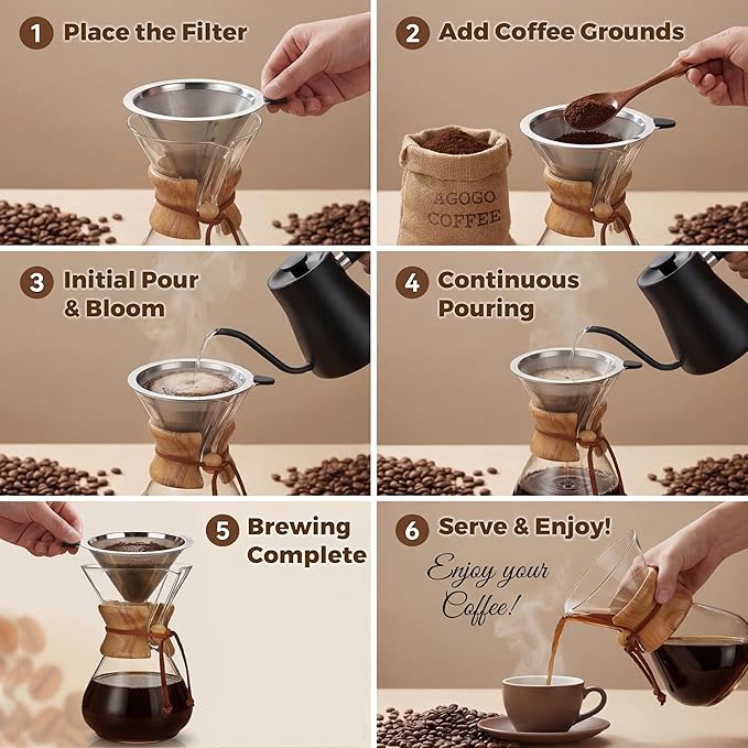 AGOGO Pour Over Coffee Maker Glass - Barista Kit with 304 Stainless Filter for Home, Office, Camping, Cafes - Easy Clean Coffee Dripper Set (Soft Towel&Brush) (28oz Diamond Design w/SS Filter)