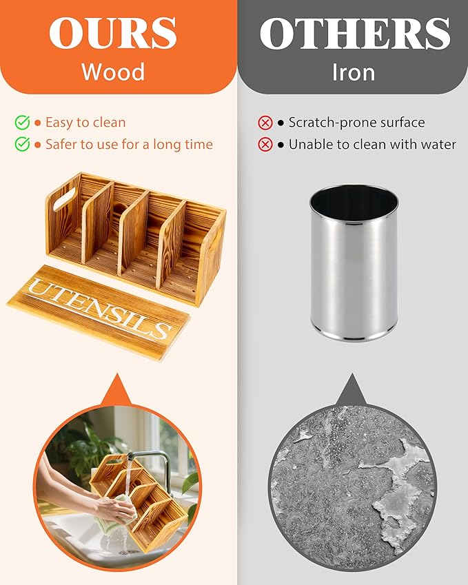 Kitchen Utensil Holder for Kitchen Counter Large Wooden Organizer for Cooking Utensils Utensil Holder Counter Farmhouse Décor (Farmhouse Wooden)
