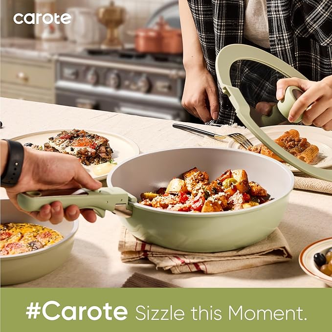 CAROTE 27pcs Ceramic Cookware Set Nonstick, Pots and Pans Set Non Stick, Non Toxic Cookware Detachable Handles, Dishwasher/Oven Safe, RV/Camping Cookware, Pan and Pot with Kitchen Utensils, Green