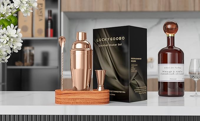 Cocktail Shaker Set,24 oz Martini Shaker,Food Grade Stainless Steel Martini Mixer Built-in Strainer,Drink Shaker by LUCKYGOOBO,Bartender Kit Gifts. (Rose Gold)