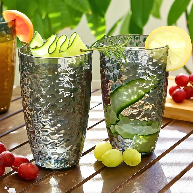 Kate Aspen Smoke Grey Hammered Plastic Tumblers, Plastic Drinking Glasses Set of 8, 23 oz, Large Shatterproof Cups Reusable for Outdoor Barware, Cocktails, BPA-Free Tumblers & Water Glasses
