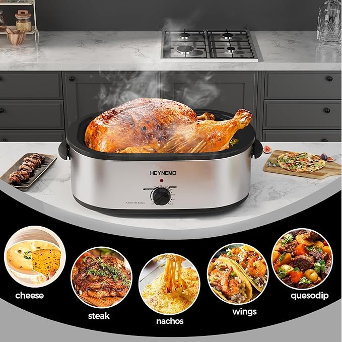 20 Quart Electric Roaster Oven with Self-Basting Lid, Turkey Roaster with Defrost Warm Function, Adjustable Temperature, Removable Pan Rack, Stainless Steel, Silver