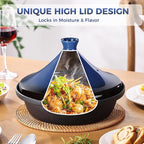 Moroccan Tagine for Cooking: Enameled Cast Iron Cooking Pot, Slow Cooker, Classic Kitchen Cookware, Tajine with Ceramic Cone-Shaped Closed Lid, 3.3 QT, Blue