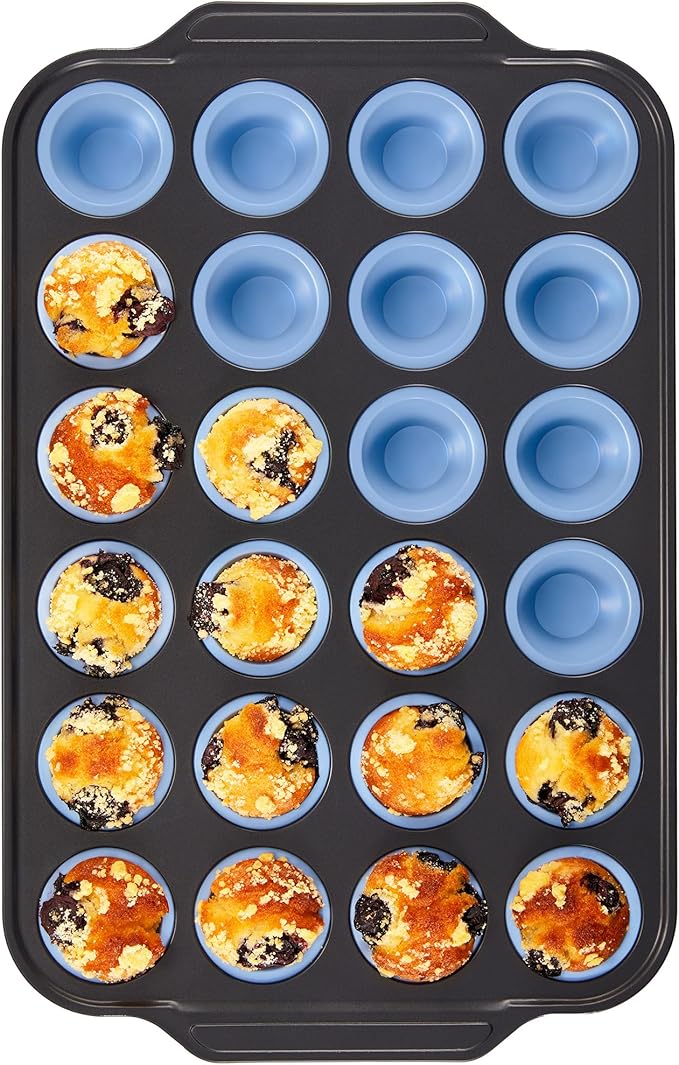 BRONYPRO Silicone Mini Muffin Pan with Metal Frame, Egg Bite Molds for Baking,Cupcake Pan 24 Regular Size, Mini Muffin Tin Easy to Pop Nonstick Non Toxic Bakeware for Oven,Blue