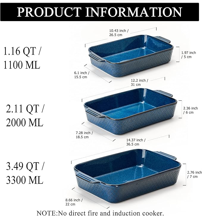 Ceramic Baking Dish Set of 3, Casserole Dishes for Oven, Square Porcelain Bakeware Set with Handles, Lasagna Baking Pan for Cooking, Perfect for Baking and Serving, Housewarming, Halloween, Thanksgiving, Christmas, New Year- Blue