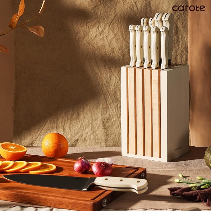 CAROTE 11 Pieces Knife Set with Block for kitchen, Stainless Steel Razor-Sharp Blade, Triple Riveted Ergonomic Handle, Wooden Magnetic Block, Essential Knife Block Set, Beige