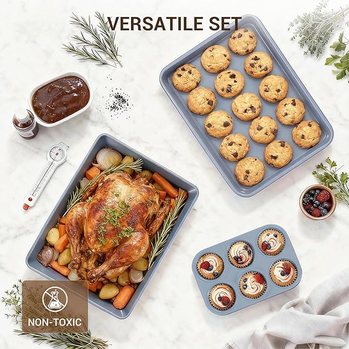 Ammeloo 22-Piece Baking Pans Set Stackable Bakeware Non Stick Baking Set Non Toxic Oven Pans, Including Roasting Pan, Cookie Sheets, Muffin Pans, Cake Pans, Oven Mitts and Utensils(Gray & Stone Black)