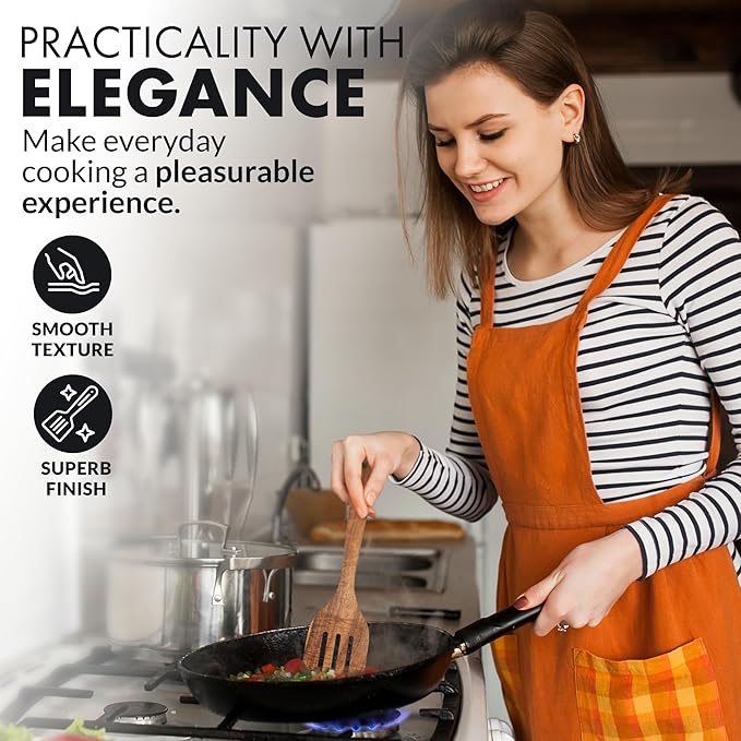 Zulay Kitchen Extra-Large 5-Piece Wooden Spoon Set - Smooth Teak Cooking Utensils - Comfort-Grip Non-Stick Turner, Spatula, Skimmer, Fork, Serving Spoon