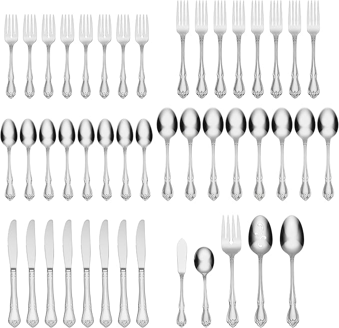 Oneida True Rose 45 Piece Everyday Flatware, Service for 8, 18/0 Stainless Steel, Silverware Set, Silver