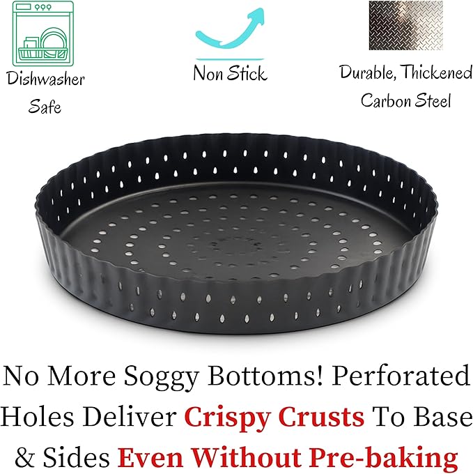 Why Holes: For The Crispiest Crusts. King Crispy's Tart & Quiche Pan. A Non-Stick, Removable Bottom, Dishwasher Safe, Perforated Fruit Tart Baking Tin (9 Inch X 1.25 Inch Shallow)