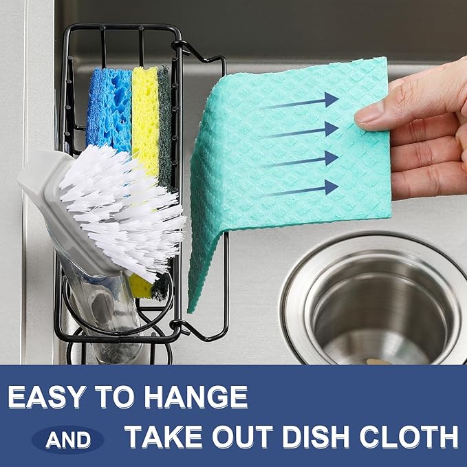 3-In-1 Sponge Holder for Kitchen Sink, 2 Type Suspension Options (Suction Cups & Adhesive Hook), Hanging Sink Caddy Organizer Rack - Sponge, Dish Cloth, Brush, Scrubber, 304 Stainless Steel - Black