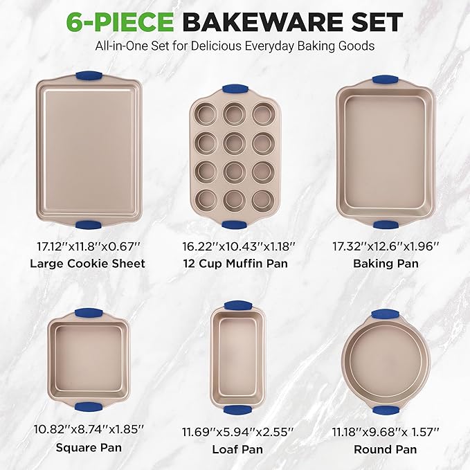 NutriChef 6-Piece Nonstick Bakeware Set - Premium Carbon Steel Baking Trays w/Heat-Safe Silicone Handles - Includes Loaf Pan, Muffin/Cupcake Pan, Round & Square Roaster Pans, Cookie Sheet - NCSBSG36