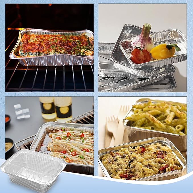 iHomeSet 100 Pack 1 lb Rectangular Disposable Aluminum Foil Pan 16 oz Take Out Food Containers with Clear Plastic Dome Lids, for Catering, Baking, Roasting Food